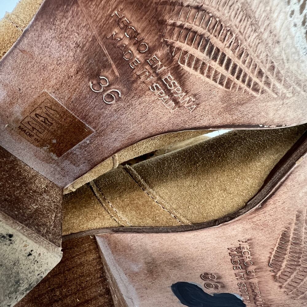 Perforated Tan Suede Leather Boots Womens EU 36 US 6 Slouchy Mid Calf Spain READ - Picture 7 of 9